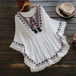 Retro Boho Style Embroidery Shirts Blouses Womens Summer Cloak Top Loose Cotton Lace Hem Bat sleeve Kimono Shirt Blusa Feminina