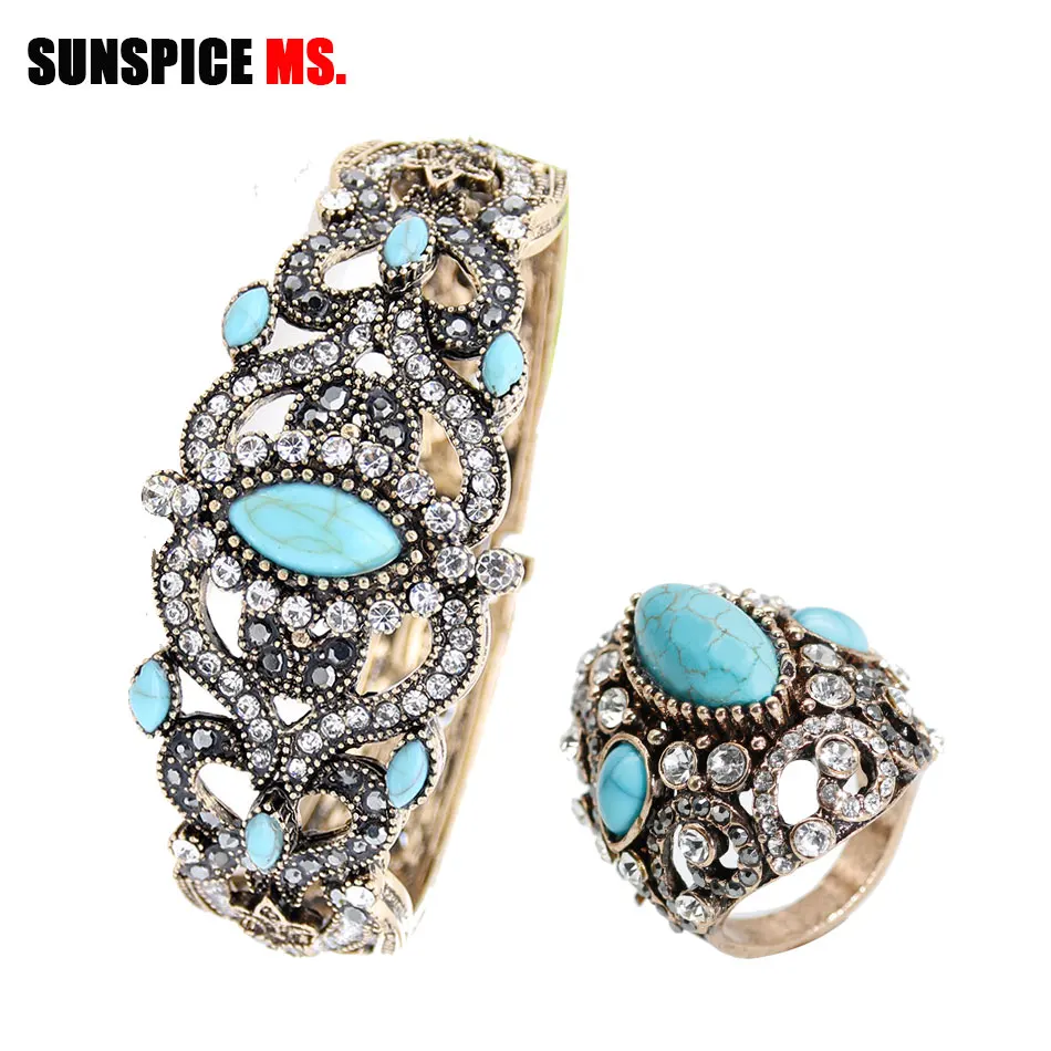 SUNSPICE-MS New Turkish Natural Stones Bangle Ring Sets Bohemia Ethnic Wedding Jewelry Sets Antqiue Gold Color Vintage Bijoux