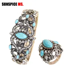 SUNSPICE-MS New Turkish Natural Stones Bangle Ring Sets Bohemia Ethnic Wedding Jewelry Sets Antqiue Gold Color Vintage Bijoux