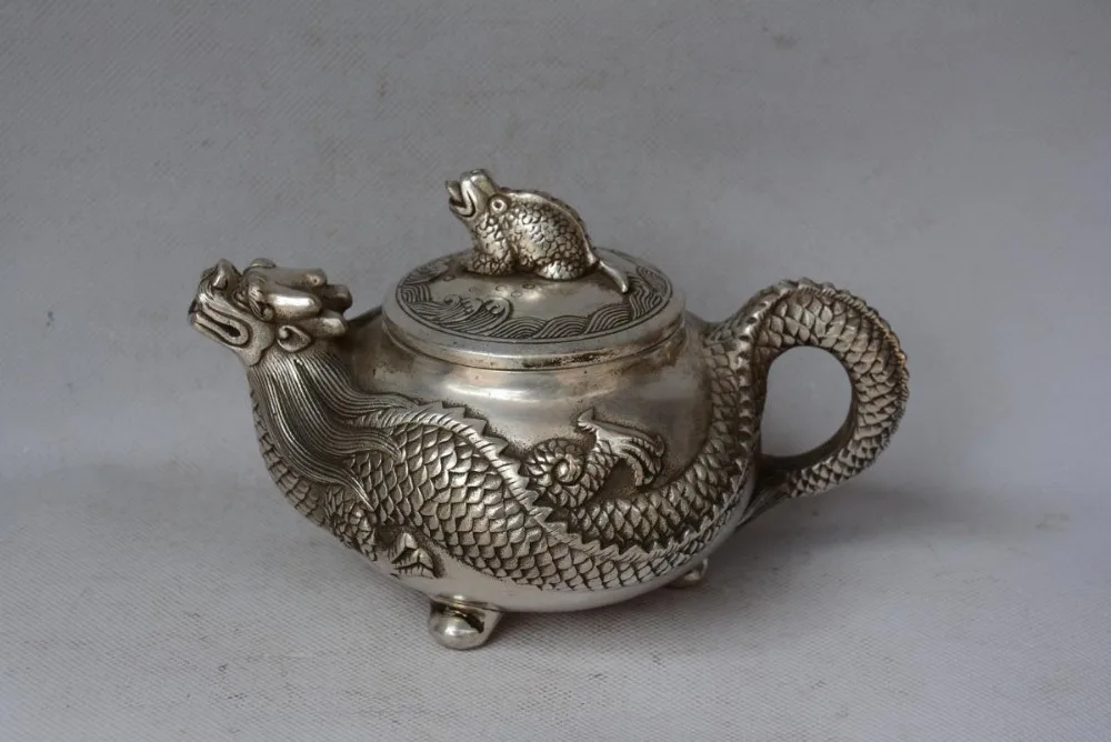 Rare Old Qing Dynasty silver teapot,Dragon& toad,Old China, #03,free shipping