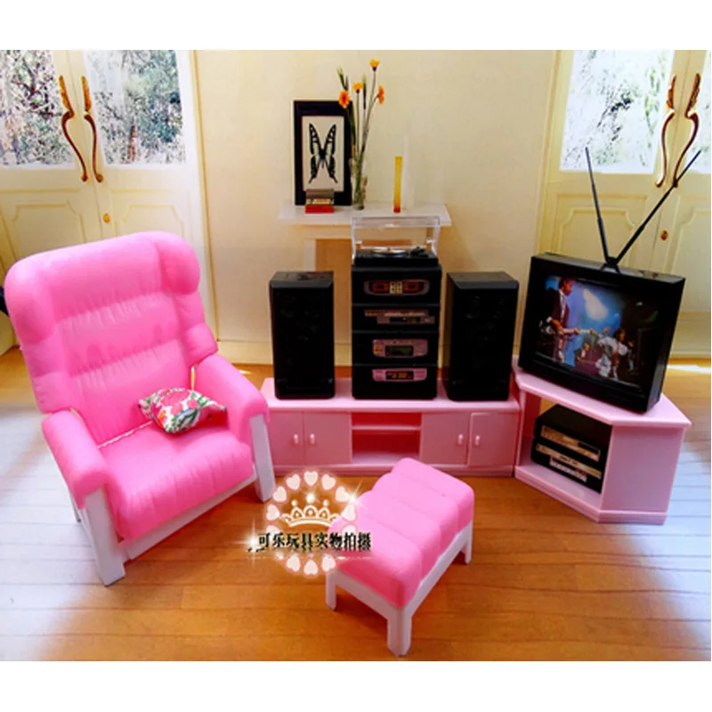 

For Barbie Doll Furniture Accessories Plastic Toy Living Room Furniture Set TV Speaker Sofa Pillow Table Gift Girl DIY