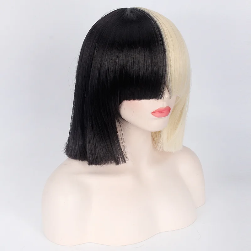 This is Acting SIA Anime Cosplay Wig Synthetic Hair Women Straight Halloween Half Blonde Black Short Bob Wigs With Bangs 35cm