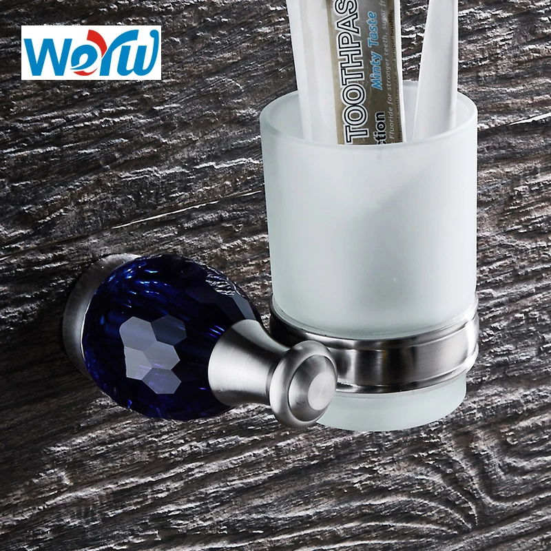 WEYUU Toothbrush Cup Holder On The Wall Luxury Blue Crystal Toothpaste Cup Stainless Steel  Bathroom Accessories Wire drawing