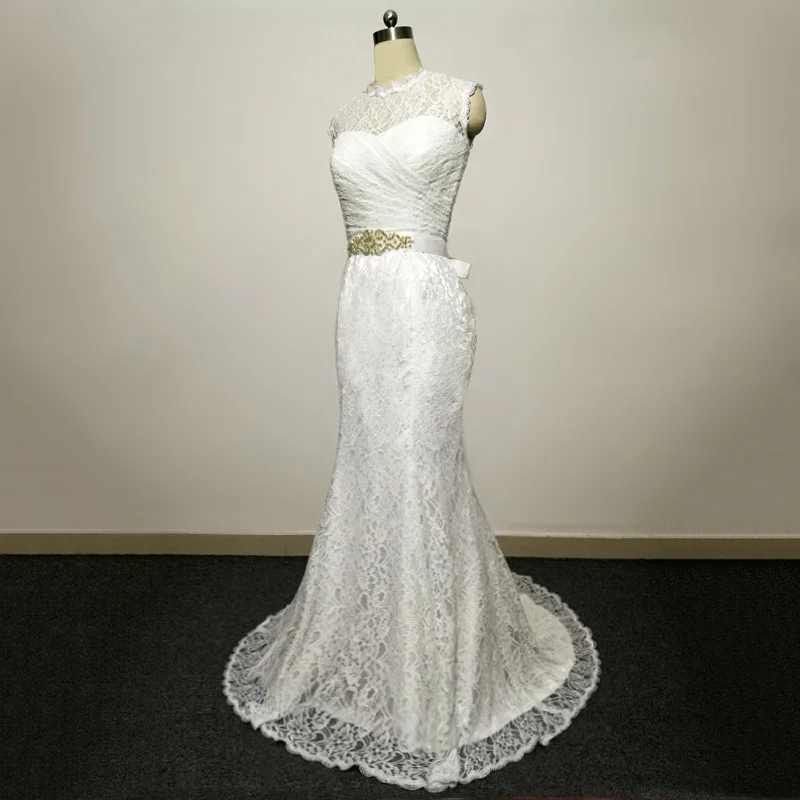 E JUE SHUNG Weiß Spitze Meerjungfrau Brautkleider Kristall Schärpe Cap Sleeves Brautkleider Vestidos De Novia