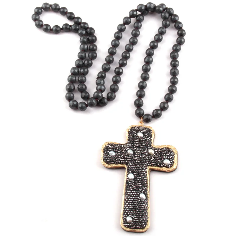 Fashion Bohemian Jewelry Faceted Hematite Stone Knotted Crystal Paved Pearl decoration Cross Pendant Necklaces