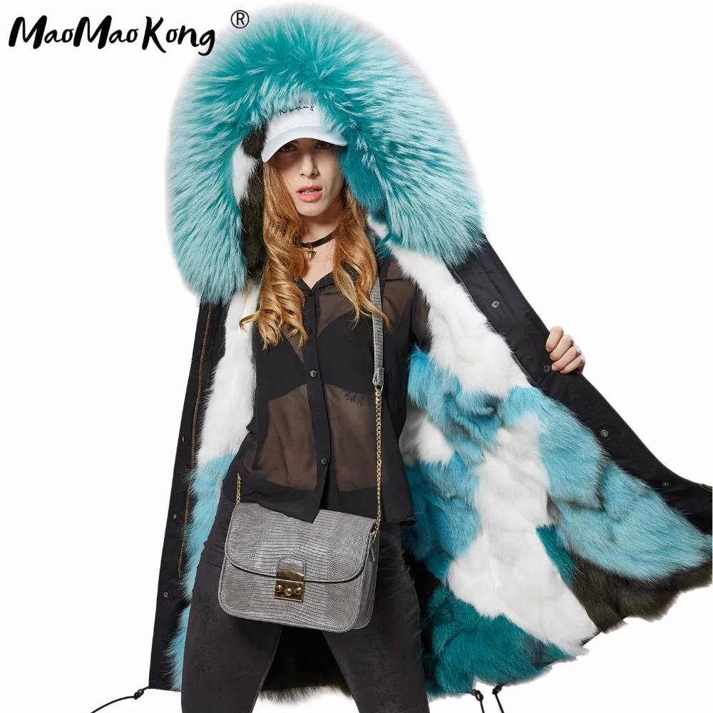 

Natural fox fur park fashion women Large raccoon fur collar hooded coat warm Fox fur liner parkas long winter jacket top quality