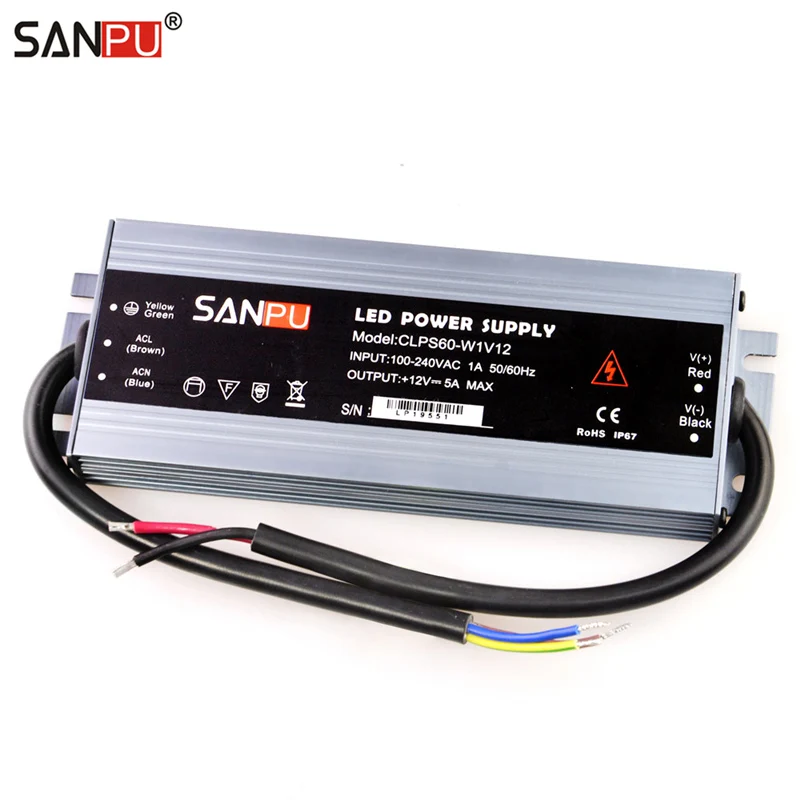 

SANPU 12VDC Waterproof LED Power Supply 12V DC 60W 5A IP67 110V 220V AC-DC Lighting Transformer Driver 12Volt Thin Slim Aluminum