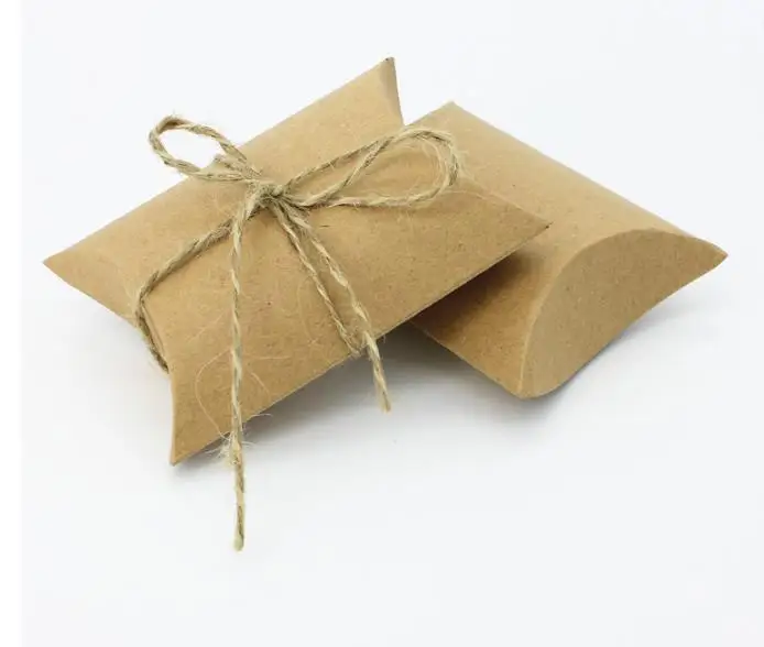 

wholesale 2000pcs/lot Kraft Paper Pillow Box With Jute Tie Gift Candy Boxes Wedding Party Favor Free shipping