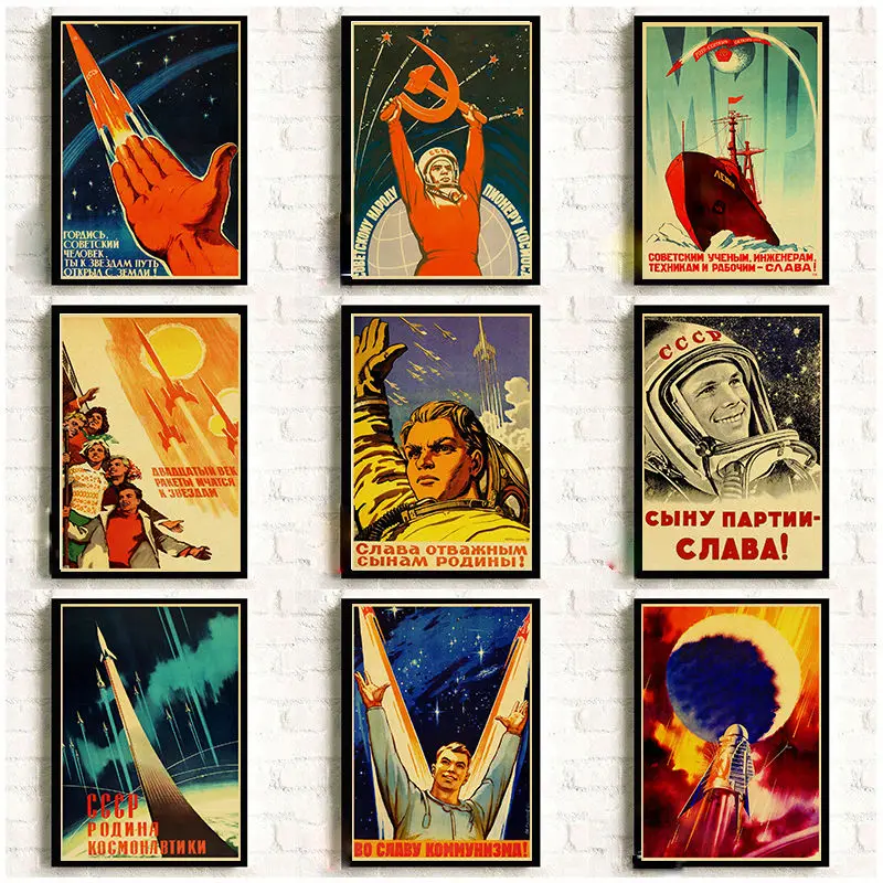 Vintage Russian Propaganda Poster The Space Race Retro USSR CCCP Posters and Prints Kraft Paper Wall Art Home Room Decor