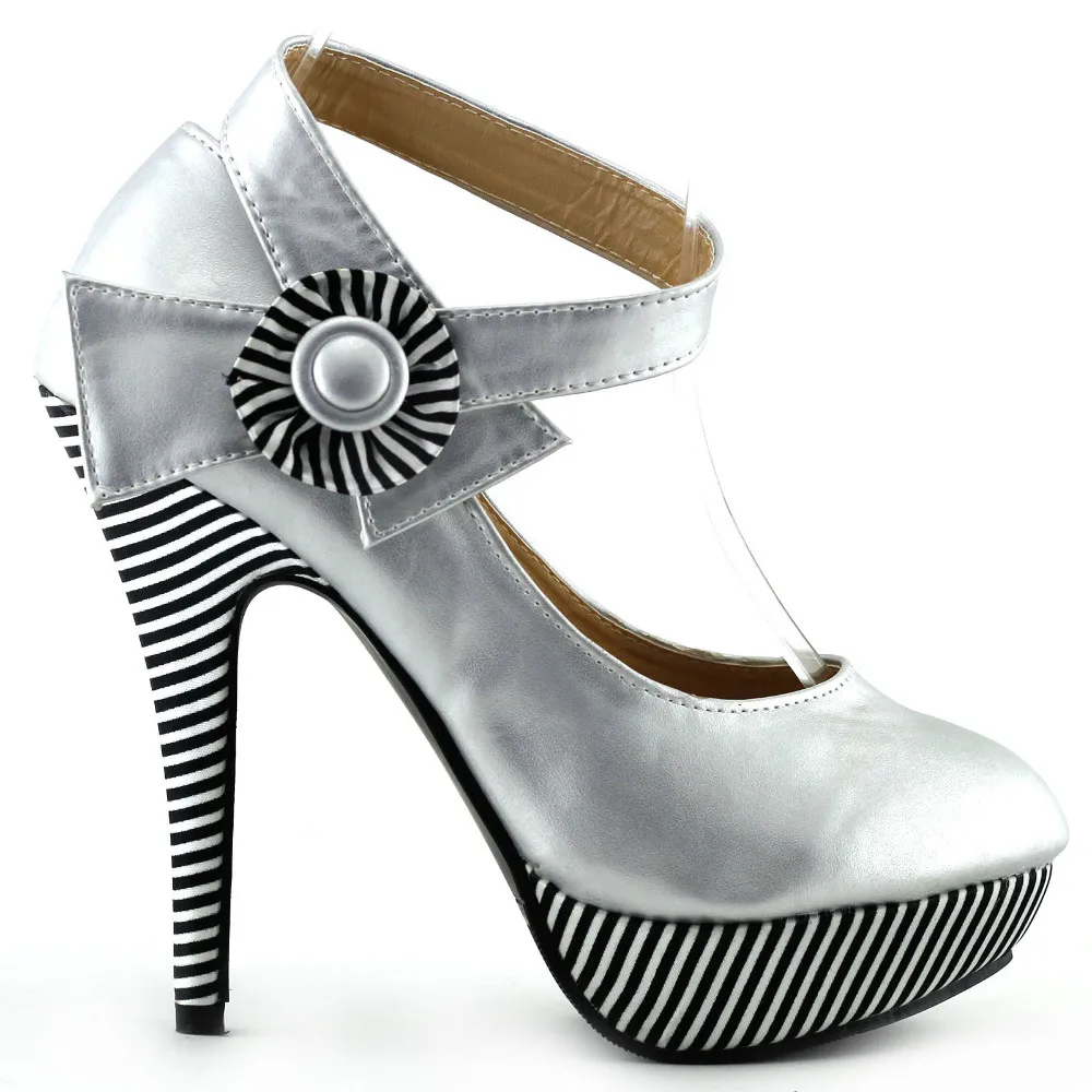 LF30404-4 New Ladies Flower Ankle Strap Stripe Platform Party Pumps