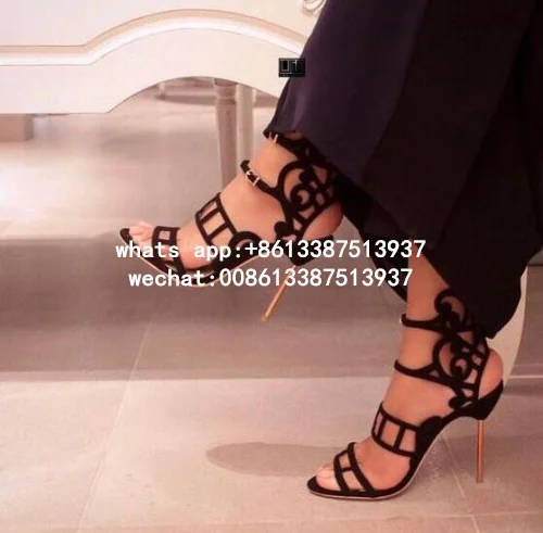 

2017 Summer Latest Women Sexy Black Birdie Cutout Metal Heel Suede Sandals Birdcage Thin Heels Party Wedding Shoes Big Size 42