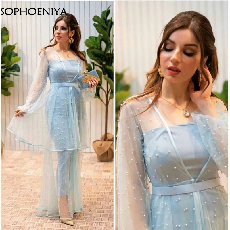 Vestidos de Noche árabes de manga larga, vestido de noche con perlas y cuentas, para baile de graduación, abiye, caftán, dubai, novedad de 2023