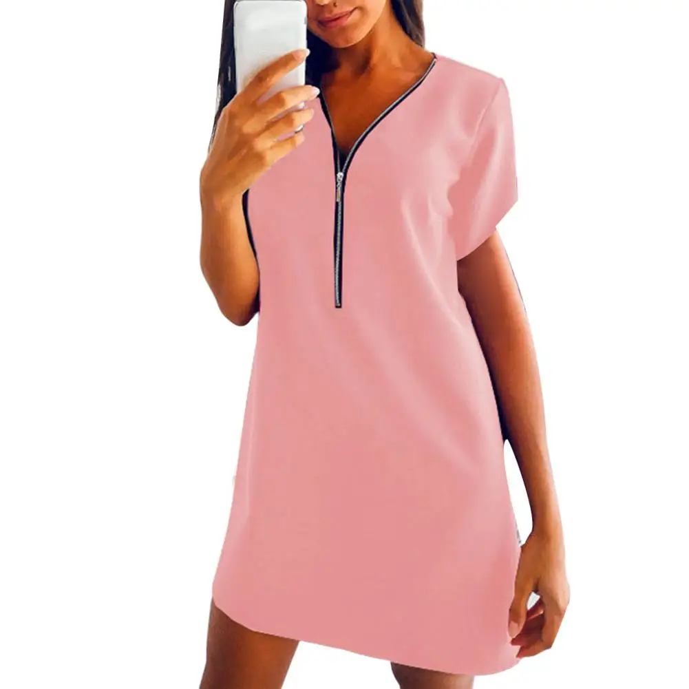 Summer Women Solid Color Zipper V Neck Short Sleeve Loose Pullover Mini Dress dropshipping