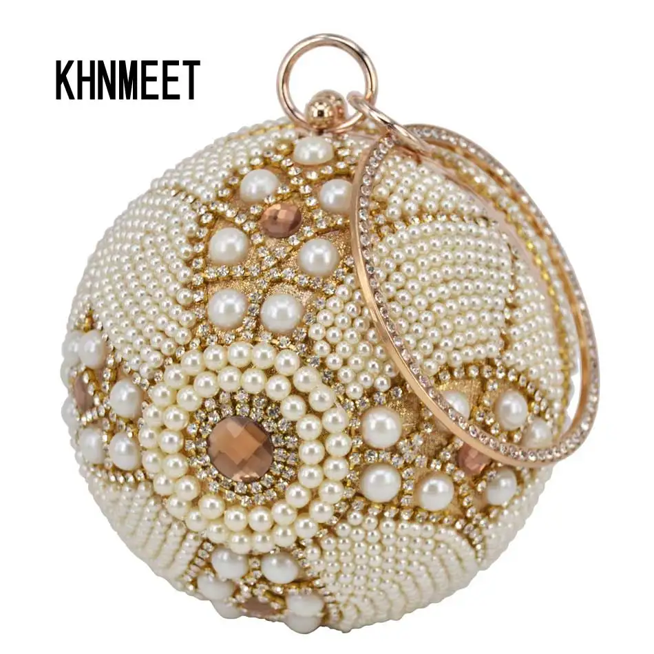 Design Gold ball Wristlets Bag Women Silver Beaded Pearl Mini Tote Handbag Chain Lady Wedding Bridal Evening Purse Clutch Bag