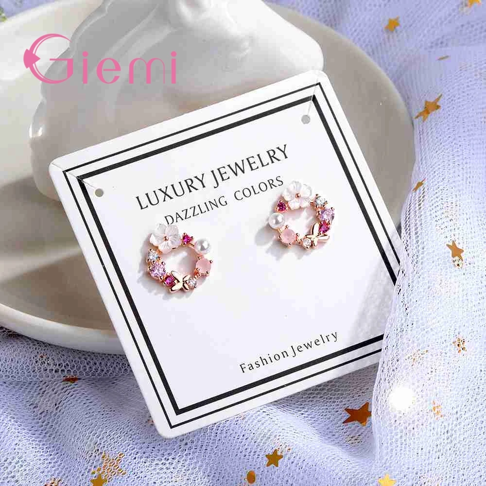 Pendientes de plata de ley 925 auténtica para mujer, mariposa bonita, flores de colores + Peal blanco, Circonia cúbica, cristal, joyería