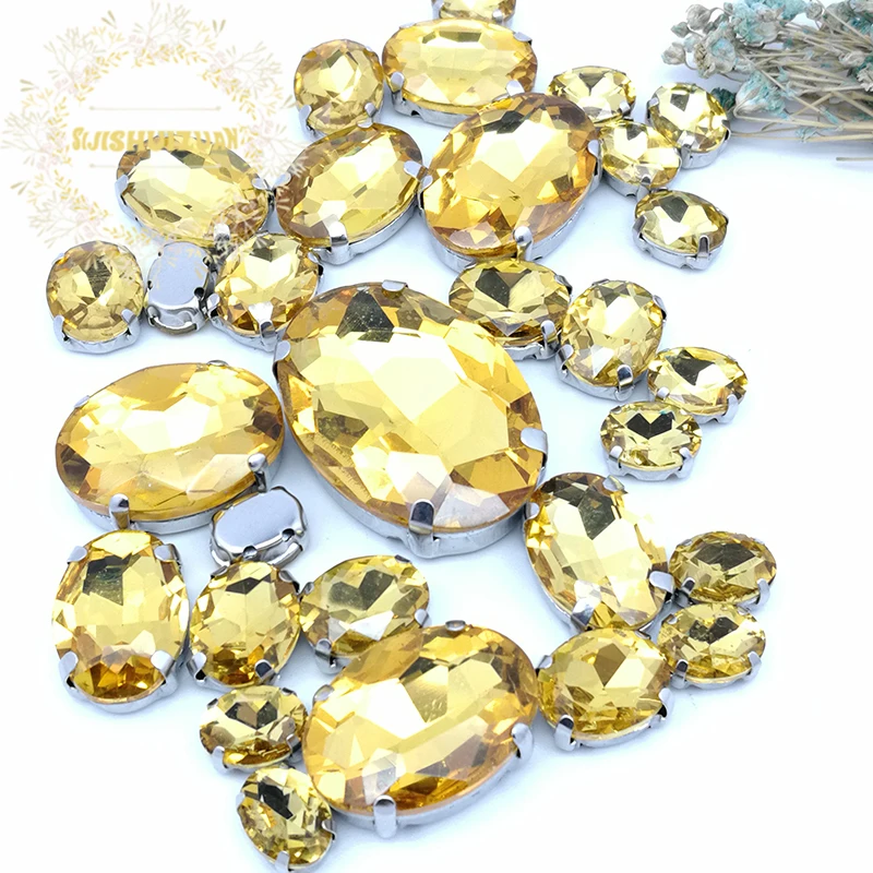 Silver Claw Setting 30pcs/Bag Golden Yellow Oval Shapes Mix Clear Gass Crystal Sew On Rhinestone Wedding Dress Shoes Bag Diy
