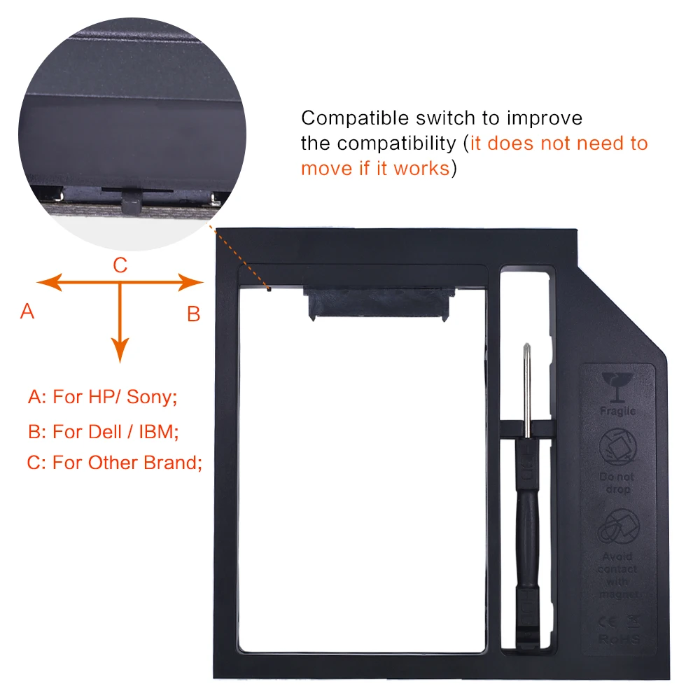 TISHRIC Plastic Universal 2nd HDD Caddy 12.7mm SATA 3.0 Optibay for 2.5''2TB Hard Disk SSD Case Enclosure for Notebook CD-ROM