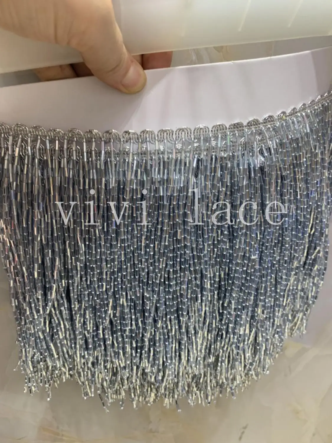 

cou0014-2# 5yards/bag 15 cm smoke grey mine silver beads ribbon fringe tassel for decorative/wedding bridal ball gown dress