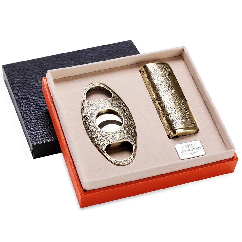 Luxury Cigar Lighter Cigar Cutter Set Straight Strong Fire Windproof Lighters Metal Stainless Sharp Cutter Exquisite Carving