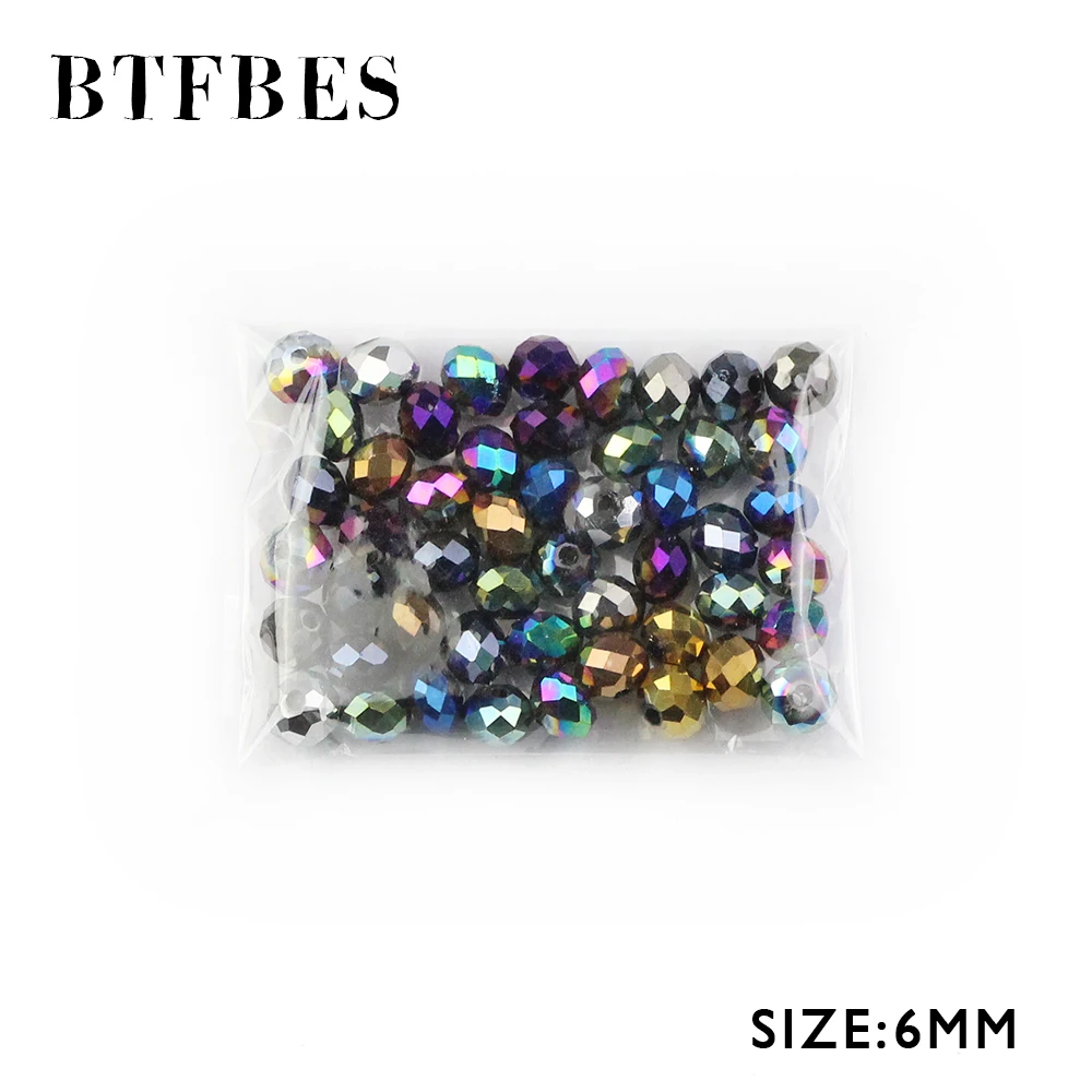 BTFBES 6mm Faceted Flat Round Austrian Crystals Loose Bead 50pcs Plating Glass Ball for Bracelets Jewelry Making DIY Accessories