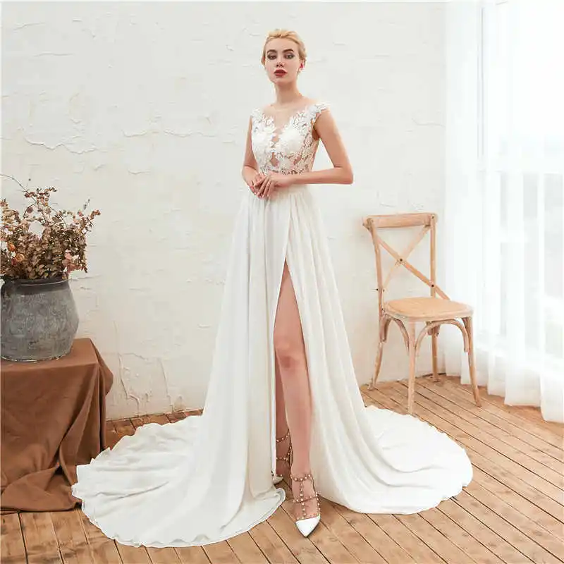 2023 Beach Wedding Dress Lace Boho Bridal Gown Cap Sleeves Slit Side A Line Chiffon Wedding Gown Vestido de Noiva Robe De Mariee