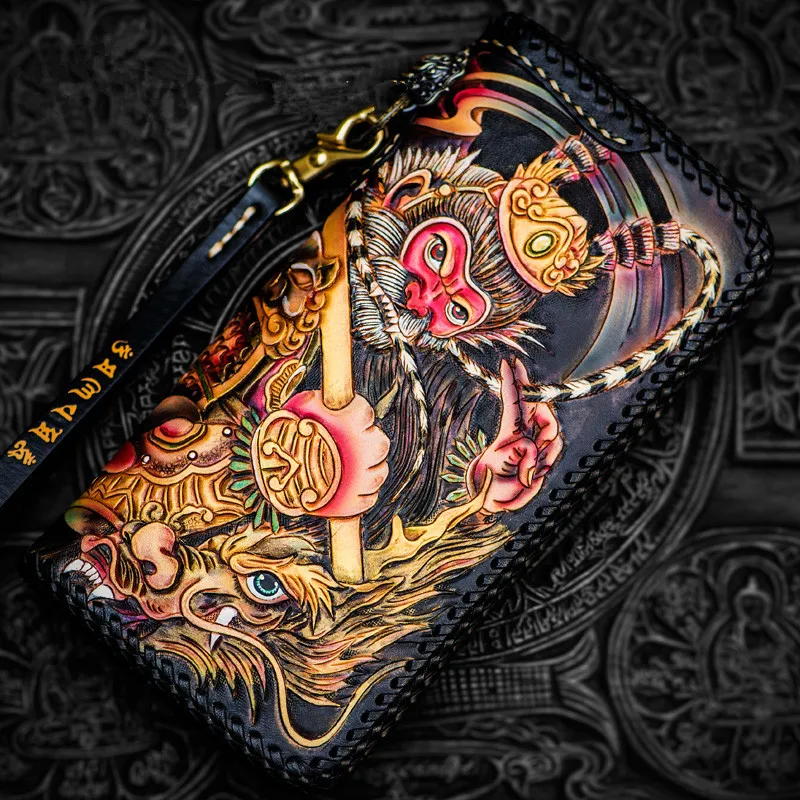 Handmade Wallets knitting Carving Mythical Heroes Sun WuKong Purses Men Long Clutch Vegetable Tanned Leather Wallet Card Holder