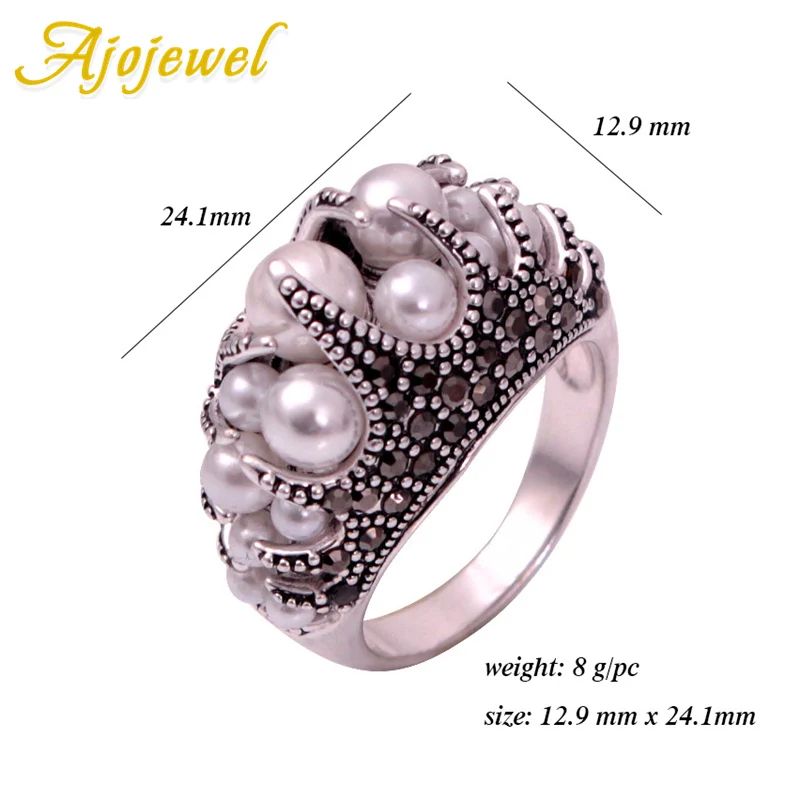 Ajojewel Women\'s Vintage Simulated-Pearl Ring With Black Rhinestones Anel Original Retro Jewelry Beauty Gifts