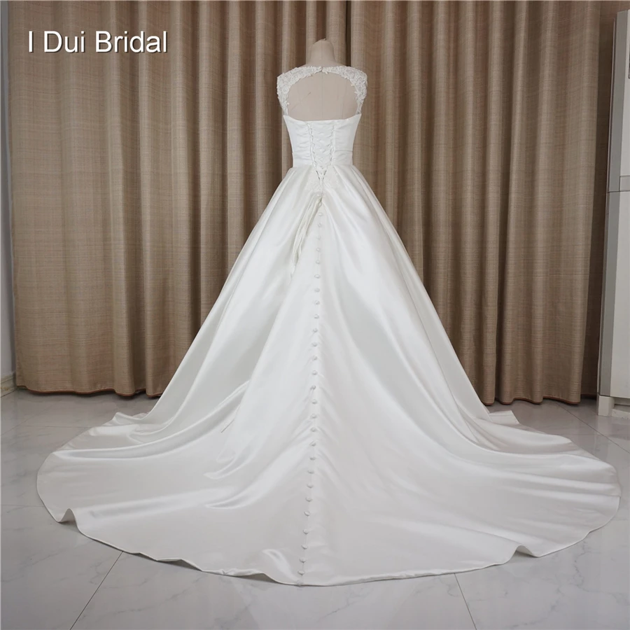 Wedding Dresses Illusion Tulle Lace Neckline Satin Elegant Lace Up Back Chapel Train Factory Custom Make Real Photo image 4