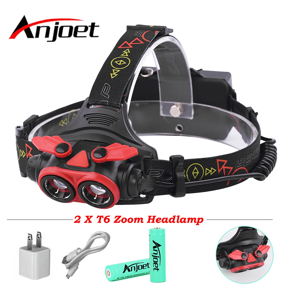 

Anjoet 2* XML T6 LED Headlight 5000Lumnes zoom Headlamp USB Rechargeable Lantern Head Lamp Light Flashlight Torch For 18650