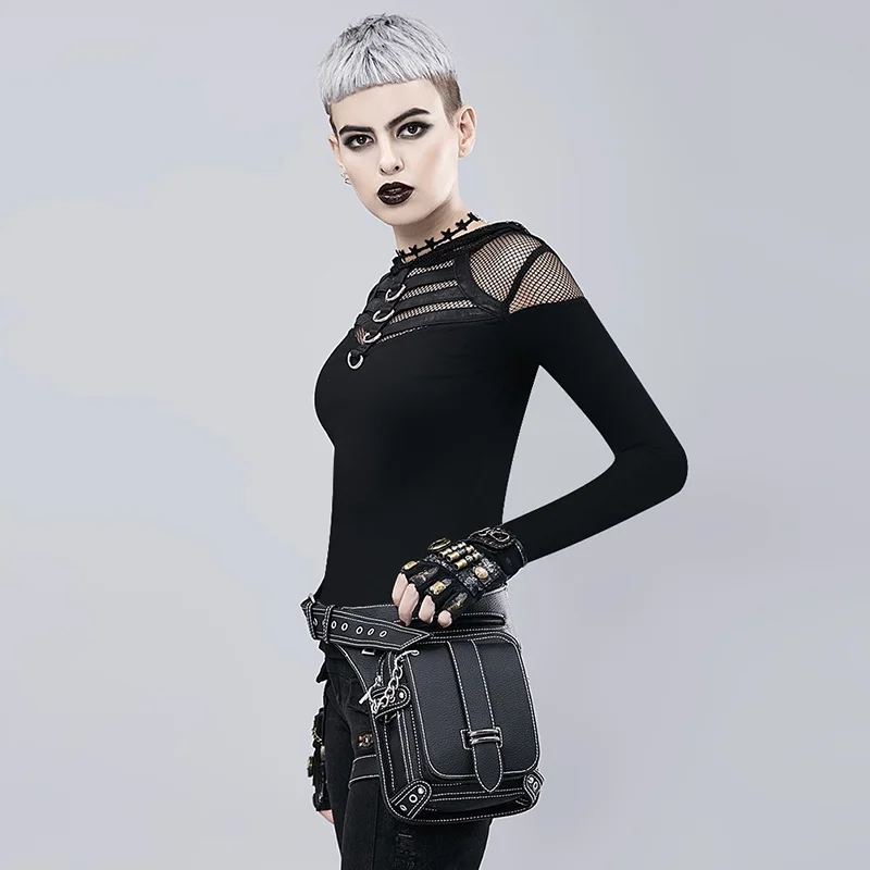 Corzzet Black Leather Chain Multi-function Gothic Retro Shoulder Messenger Bags Crossbody Steampunk Waist Bag Corset Accessories