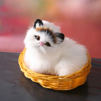 simulation white cat 11x9cm toy with basket, hard model home decoration Christmas gift h1187