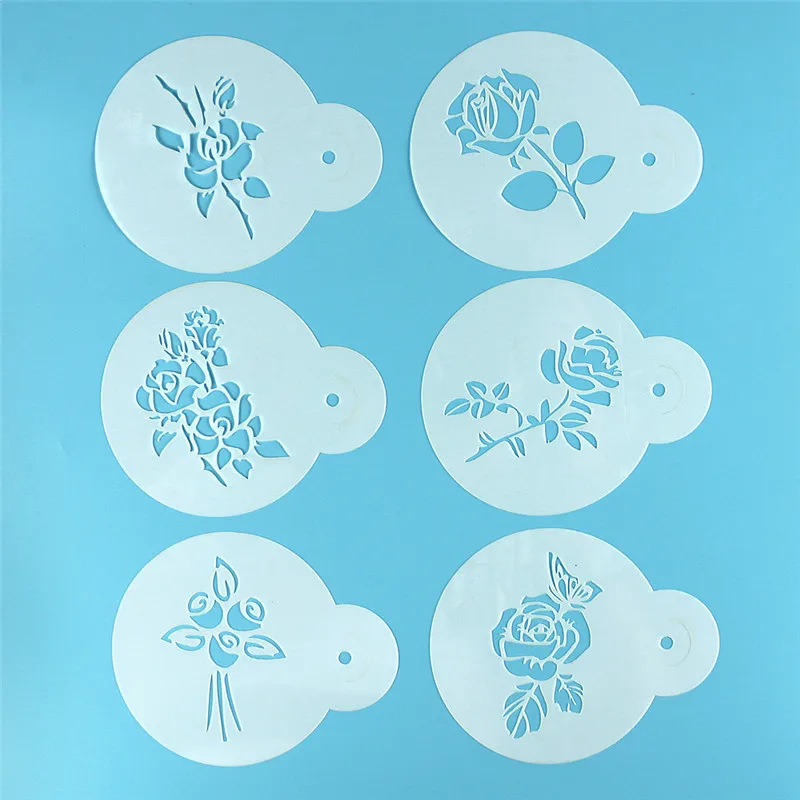 Aomily 6pcs/Set Wedding Cake Stencils Rose Flowers Coffee Templates DIY Cake Fondant Sugarcraft Baking Decorating Tools Bakeware