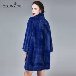 ZIRUNKING-Chaqueta de piel de conejo Rex Real para mujer, abrigo largo a rayas, 100% Natural, de alta calidad, a la moda, para invierno, ZC1702