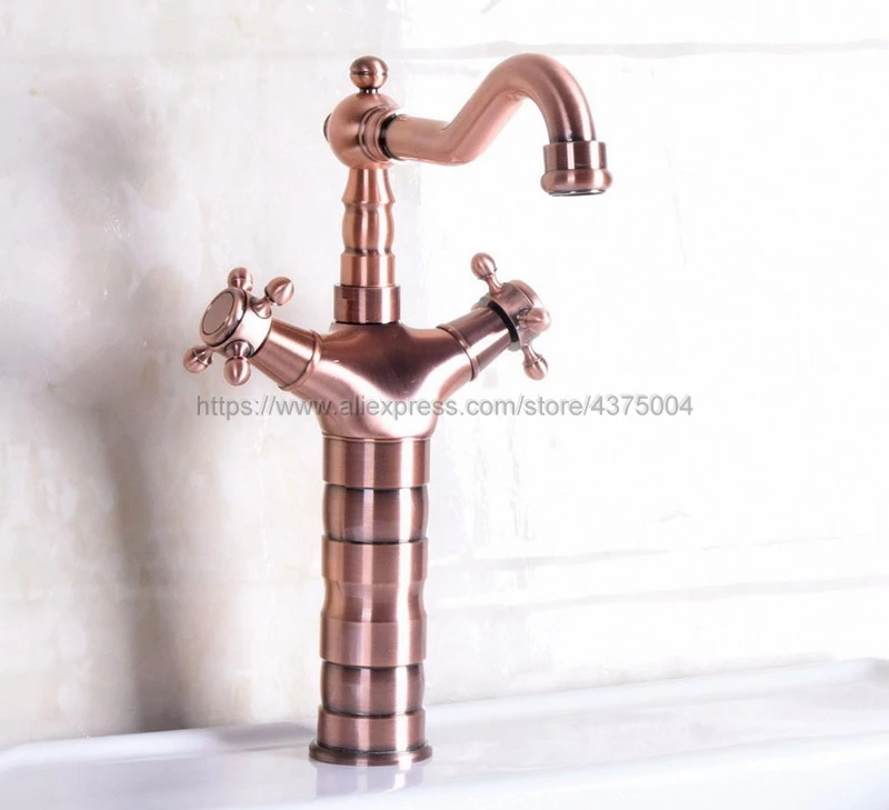 Bathroom Antique Red Copper Retro Dual Cross Handle Faucet Next Basin kitchen Sink Swivel Mixer Vessel Tap Nnf128