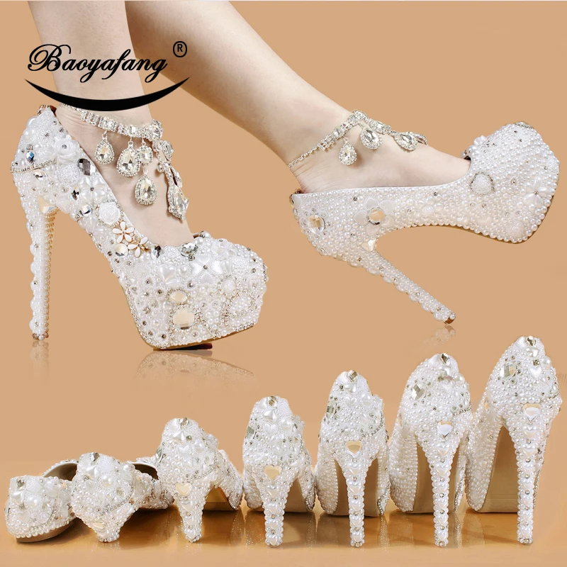 White pearl  Wedding shoes crystal Ankle strap High round Toe Pumps Platform shoes Thin Heel fashion Bridal shoes woman