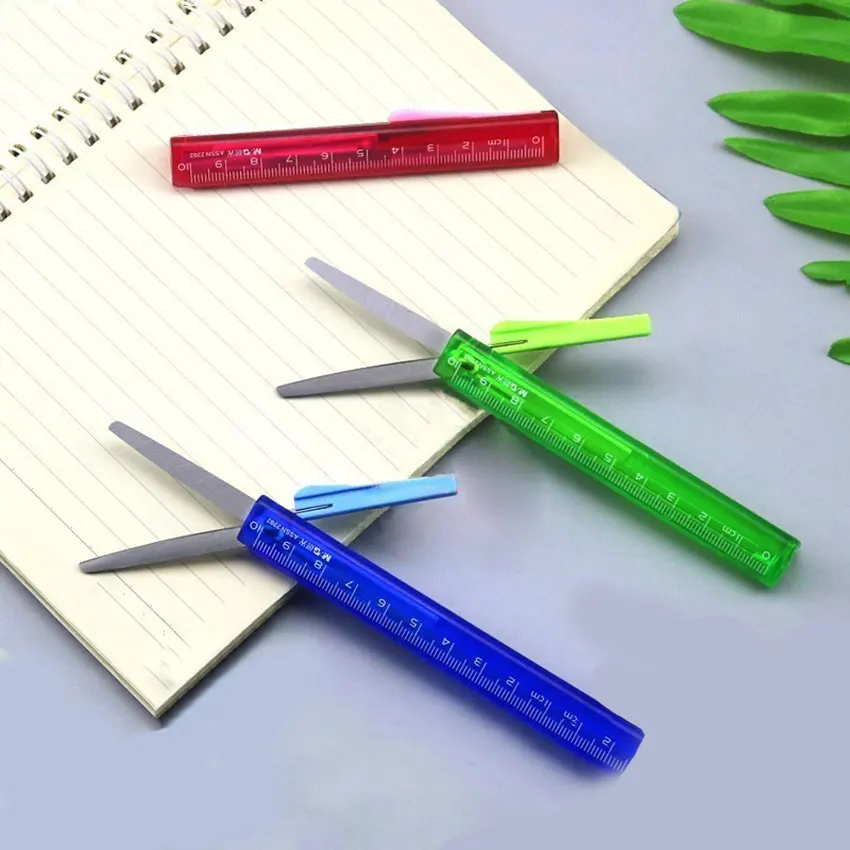 Students Portable Scissors With Scale Ruler Office Supplies Paper Cutter 2 in 1 Safety Shear Stationery Mini Folding Scissors