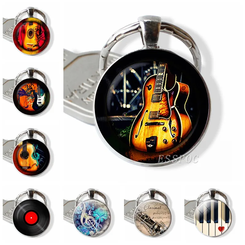 Guitar Music Glass Pendant Guitar Keychain Key Ring Musical Instrument Jewelry Music Lover Teacher Student Gift