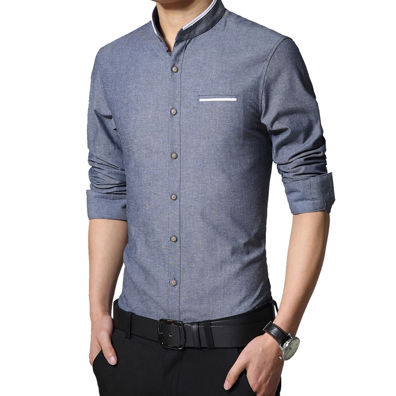 2024 New Brand Men\'s Casual Shirt Long Sleeve Banded Collar Easy Care Collarless Shirts Slim Fit Dress Shirt For Men Business