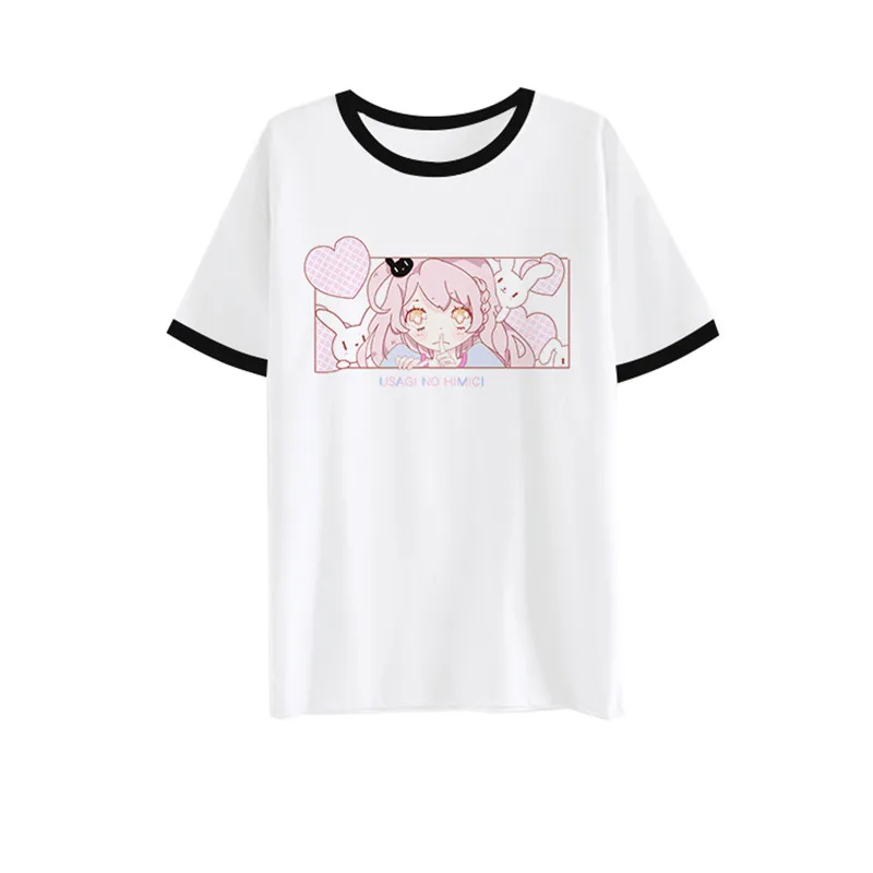 Japanese Cute Short Sleeve White Tops For Girl Soft Sister Kiss Anime Bunny Milk Silk Tees Shirt Kawaii Comic Graphic T-shirt