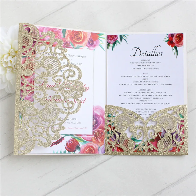 

Gold card invitation for wedding with envelop RSVP glittery tri-folding laser cut greeting card customized printing supply