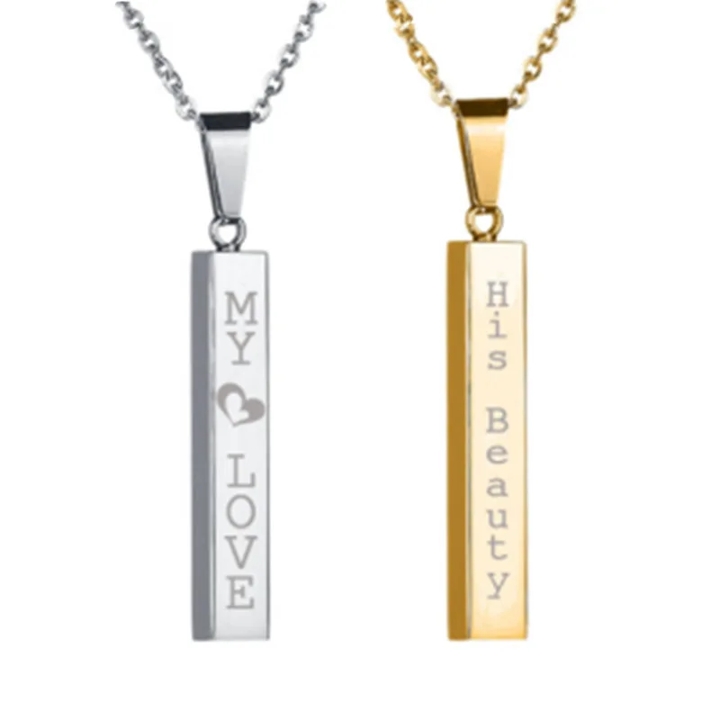 

Creative simple rectangular glossy wishing pillar necklace can be customized lettering couple stainless steel pendant for