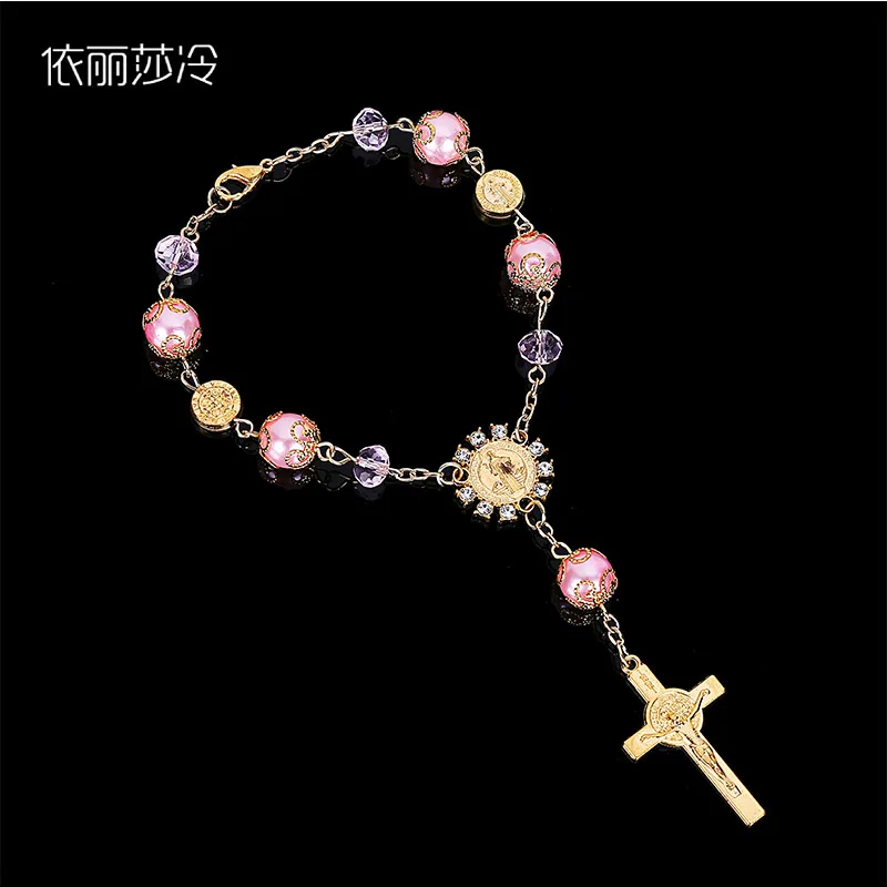 

New Crystal Pearl Fashion Alloy Bangle Bracelet Jesus Jewelry Rosary Center Holy Mercy Jesus Icon Icon Religion