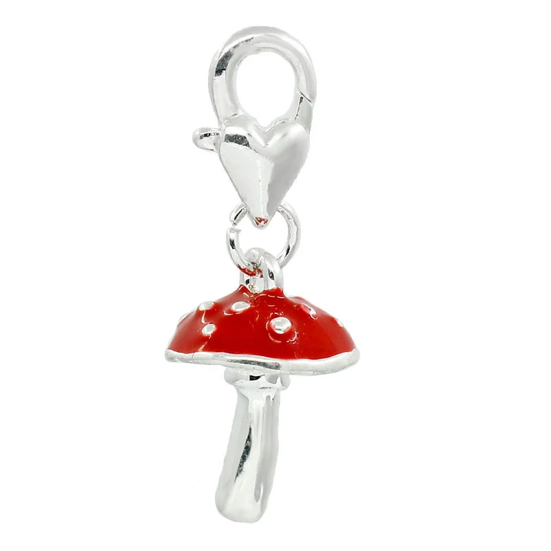 8SEASONS Clip On Charms Red Mushroom Pendants Silver Color Enamel Plants Fits Diy Bracelets Jewelry Making Findings 3x1.2cm,5PCs