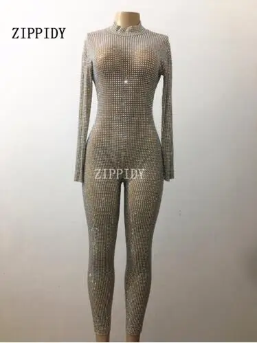 Moda Sparkly Cristais Completa Prom Jumpsuit Bodysuit Roupa de Luxo Festa Celebrar Brilham Cristais Costume Stage Show