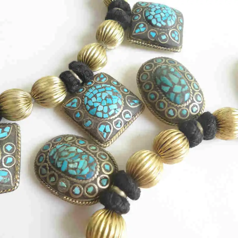 Tibetan Necklace Brass Inlaid Ching Stone Multi Statement Necklace TNL299