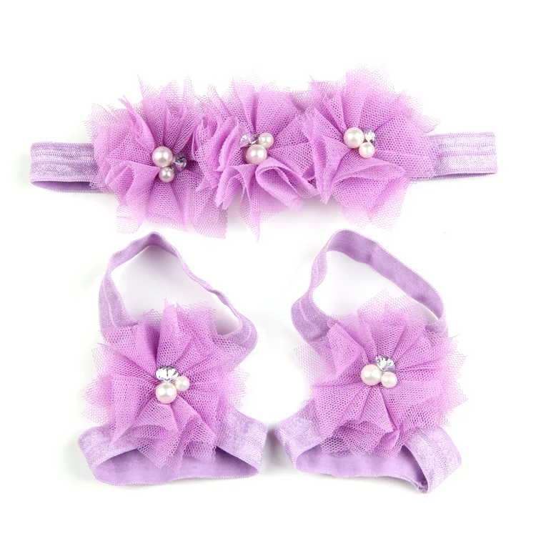 baby headband barefoot sandal sets lace flower headbands girls shoes children hair accessories for Photography 18colors retail