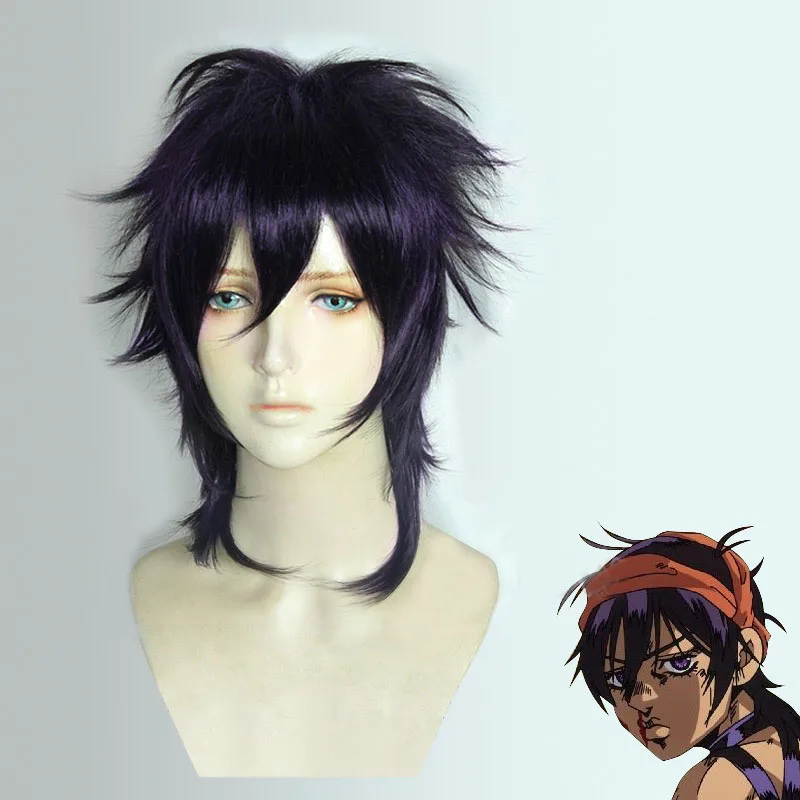 Anime JoJo's Bizarre Adventure 5 Ghirga Narancia-Peluca de cabello sintético resistente al calor, color negro y morado, peluca de Cosplay con gorro