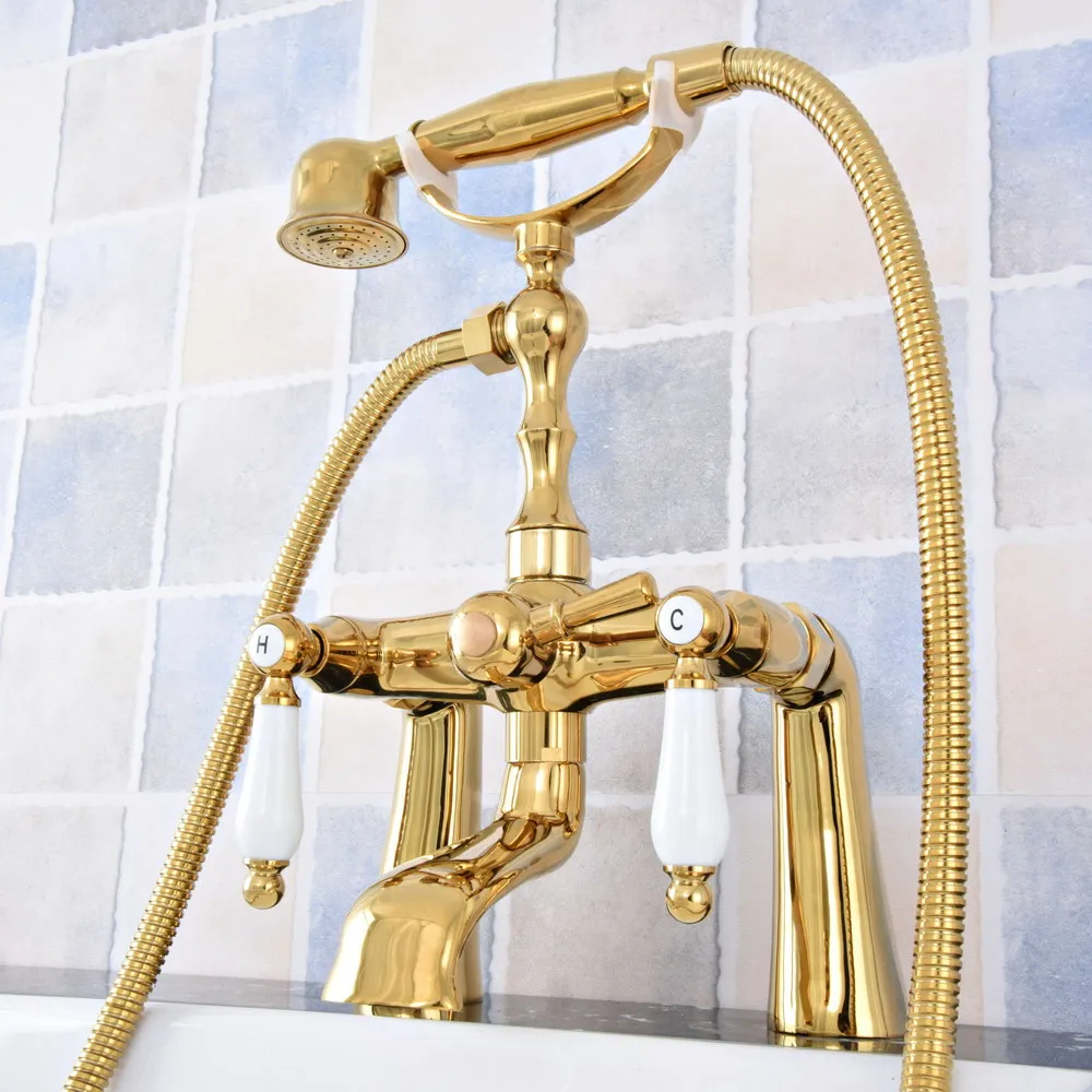 

Luxury Gold Color Brass Deck Mounted Bathroom Tub Faucet Dual Handles Telephone Style Hand Shower Clawfoot Tub Filler atf781