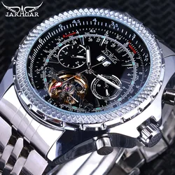 Jaragar Steampunk Sport Series Tourbillon Unique Silver Stainless Steel Date Month Display Luminous Auatomatic Watches for Men