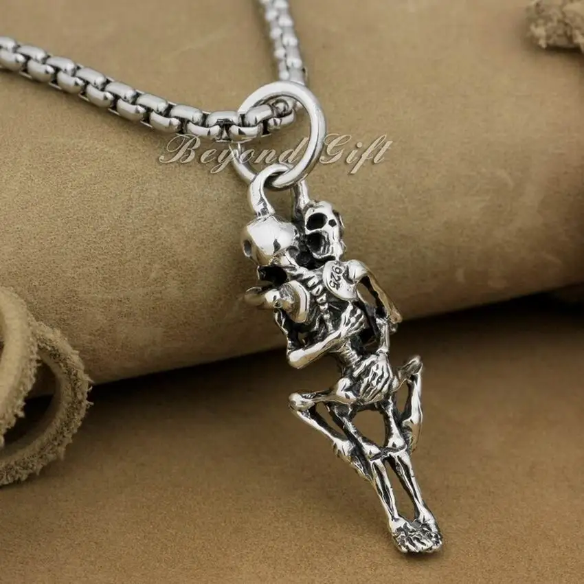 LINSION 925 Sterling Silver Forever Love Sex Skull Fashion Pendant Biker Jewelry 9R006